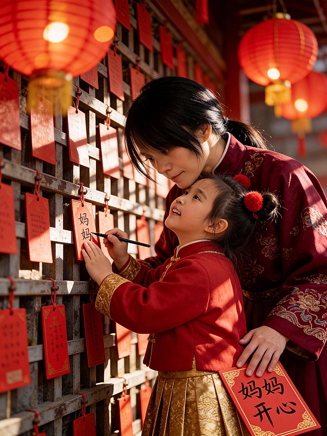 国潮风刺绣服饰，母女共书祈福，红灯笼映衬温馨实景，喜庆中式年味浓。