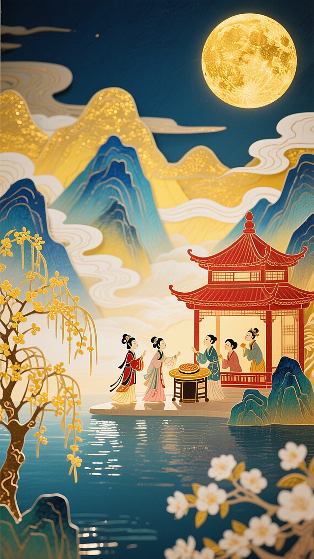 古典中式插画风，撕纸与剪纸元素融合，鎏金月色映照月下亭台，人物雅集赏月，营造梦幻唯美浪漫温馨的中秋意境。
