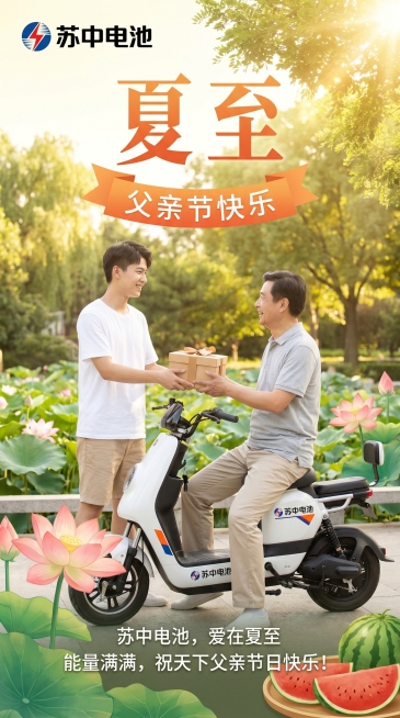 父亲节夏至主题苏中电池海报，竖版9:16，苏中电池，场景中有2轮电动车，青年人给中年爸爸赠送礼物，包含父亲节元素，夏天场景，整体氛围温馨感人预览效果