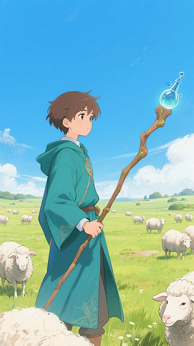 日式动漫风格田园插画，一位褐色短发，眼神坚毅，面部清晰，侧着身子，穿着蓝绿色炼金术士服装的牧羊少年，拿着类似魔法师木法杖，正在牧羊。背景为大片清澈的天空，下面有一片草原，有好多绵羊