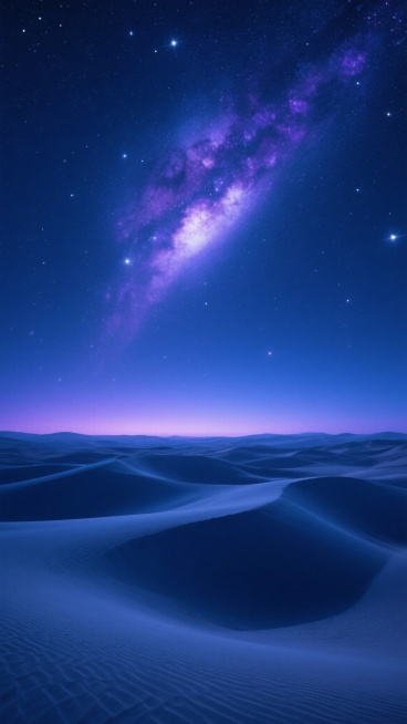 超写实风格的星空沙漠夜景，深邃的靛蓝色夜空布满闪烁的星星，银河清晰可见且呈现淡紫色与白色的光带，地平线处有柔和的渐变蓝紫色霞光，下方是广阔起伏的沙丘，沙丘表面有细腻清晰的波纹纹理，整体画面营造出宁静、浩瀚、神秘的氛围，光影对比柔和，细节丰富，色调以深蓝、靛蓝为主，点缀着星星的白色光点和银河的淡紫光芒。预览效果