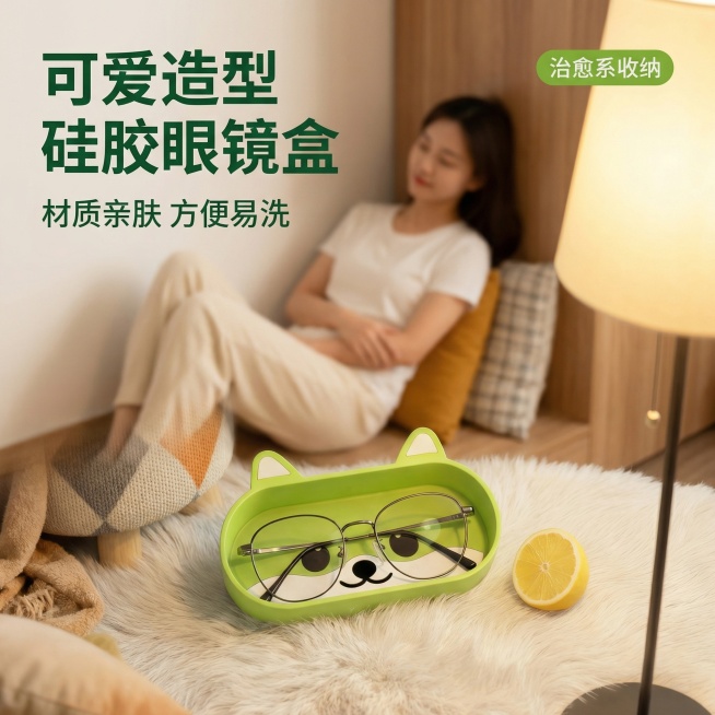 [主图 1] 产品场景首图，可爱硅胶眼镜盒展示
[氛围风格] 温馨舒适家居治愈风
[画面元素] 商业摄影质感、光线柔和通透、产品清晰真实、画面干净高级。绿色猫咪造型硅胶眼镜盒放置在柔软的白色毛绒地毯上预览效果