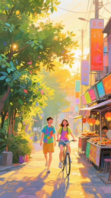 夏日傍晚的街道，呈现夏日活力氛围预览效果