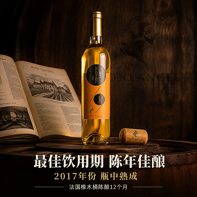 [主图-5] 最佳饮用期与陈年潜力主题，核心任务是展示2017年份酒的陈年价值和最佳饮用期。
[统一基调] 哑光深棕轻奢背景，柔和侧逆光，高级厚重氛围感，低AI感，真实实拍质感，高清电商商品图，不要牛皮癣，文字全部放置画面下方区域，画面主体在上部，字体简洁大气，拒绝花哨艳丽配色。
[画面] 画面上半部分主体为一瓶甜白葡萄酒，瓶身修长，酒液金黄，旁边斜放着一个木质酒塞，酒塞上印有品牌标识。背景为哑光深棕色，有淡淡的橡木桶纹理暗纹，营造陈年窖藏氛围。酒瓶直立，旁边可放置一本翻开的旧世界葡萄酒品鉴手册作为道具，增加品质感。整体画面传递陈年佳酿的厚重感。
[光影质感] 柔和侧逆光，瓶身酒液金黄透亮，橡木塞纹理清晰，整体光影温暖厚重，有窖藏陈年的氛围感，真实商业摄影质感。
[配色] 深棕色背景，橡木暖棕色元素，酒液金黄色，文字米白和浅金，整体暖棕色调高级厚重。
[文字版式] 文字全部在画面底部。主标题"最佳饮用期 陈年佳酿"粗体米白色大字号居中。副标题"2017年份 瓶中熟成"浅金色中字号。辅助文案"法国橡木桶陈酿12个月"最小号米白色。
[输出要求] 比例1:1，2048*2048像素，高清实拍质感，质感厚重高级。禁止变形、错字、模糊、水印、平台Logo。禁止出现具体历史年份作为营销噱头，仅作为产品信息展示。