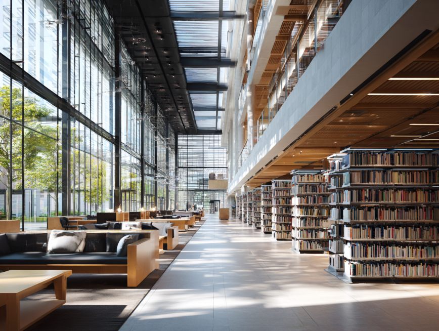 photo of a modern university library, bright and spacious interior, neatly arranged bookshelves, lar预览效果