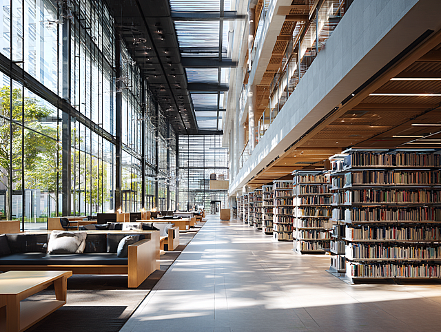 photo of a modern university library, bright and spacious interior, neatly arranged bookshelves, large floor-to-ceiling windows, soft natural light, quiet learning atmosphere, high-definition, realistic texture