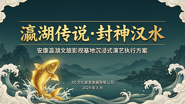 安康瀛湖文旅演艺方案PPT封面，主题：瀛湖传说·封神汉水，副标题：安康瀛湖文旅影视基地沉浸式演艺执行方案，底部标注投标单位名称和日期。国潮水墨风格，融合封神神话元素，深蓝绿渐变色背景，中央为金鲤跃出水面的国潮插画，背景隐约可见瀛湖山水和古风建筑剪影，水波纹和汉水浪花装饰，带有浅色宣纸纹理底纹，四周用封神云纹做边框，标题居中放大为金色大字体，标题上下各有一条金色细线，副标题在标题下方居中，底部信息右对齐，颜色使用深蓝绿(#1B4D3E)、封神金(#D4AF37)、米白(#F5F0E8)，朱砂红做点缀，专业大气，富有东方美学和沉浸感，高清实景合成国潮插画，氛围感拉满。