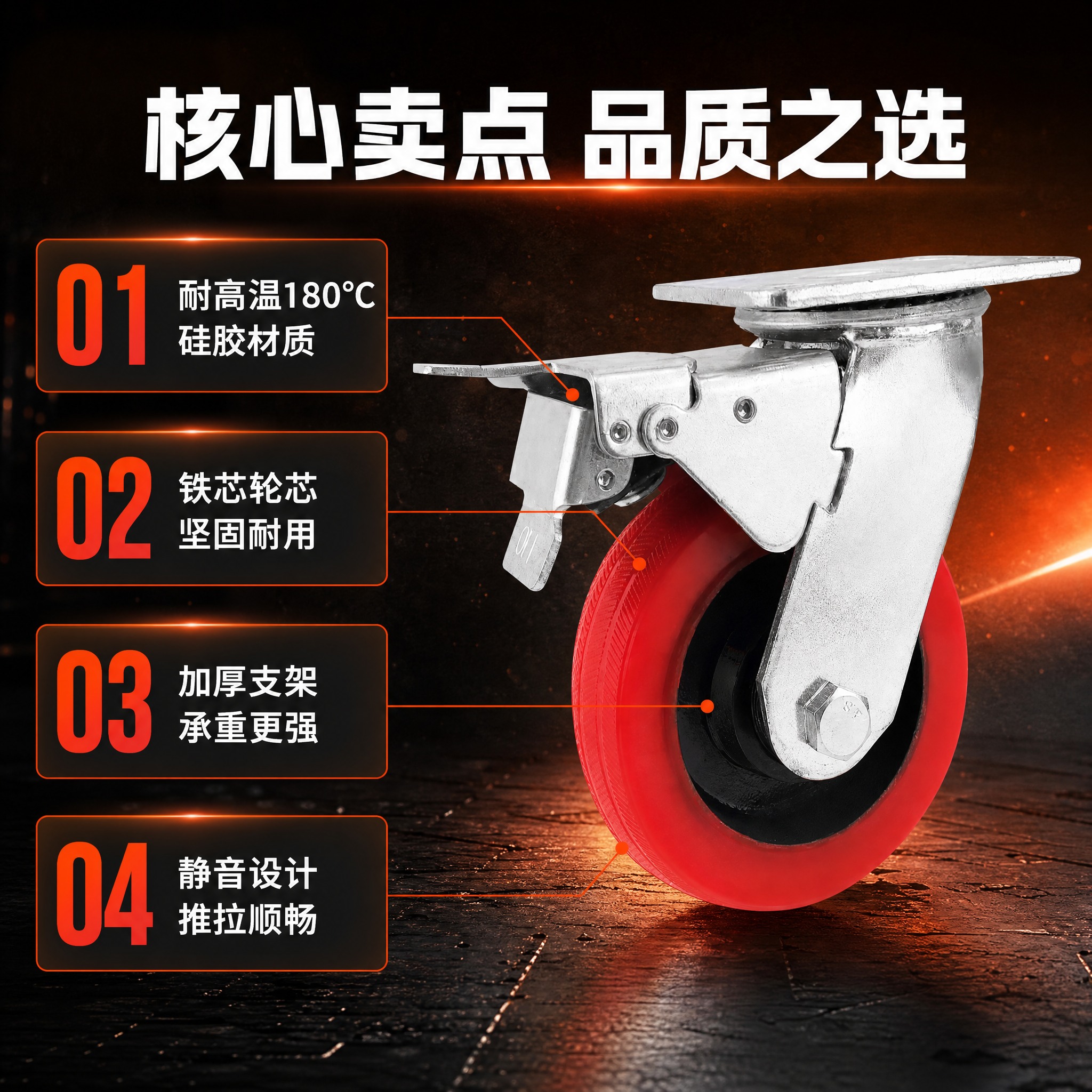 [主图-2] 产品亮点卖点图，展示万向轮带刹车款，用编号引线标… - 图片创意预览
