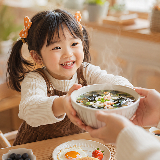 面带灿烂笑容的双马尾小女孩佩戴橙白点发饰，穿着白毛衣和棕背带裤，双手伸出要接一碗热气腾腾的紫菜虾皮汤，汤碗由成人手托举，汤中可见黑色的紫菜、虾皮、葱花等食材。暖调自然光，柔和明亮，整体为治愈系家庭早餐场景，色彩清新明快，无强烈对比。背景虚化，突出紫菜虾皮汤