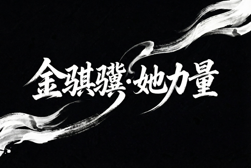 黑底白字，毛笔手写风格的“金骐骥·她力量”艺术字体，极具艺术感，视觉震撼，笔画带有水墨笔刷效果，笔画做巧妙延长变形处理预览效果