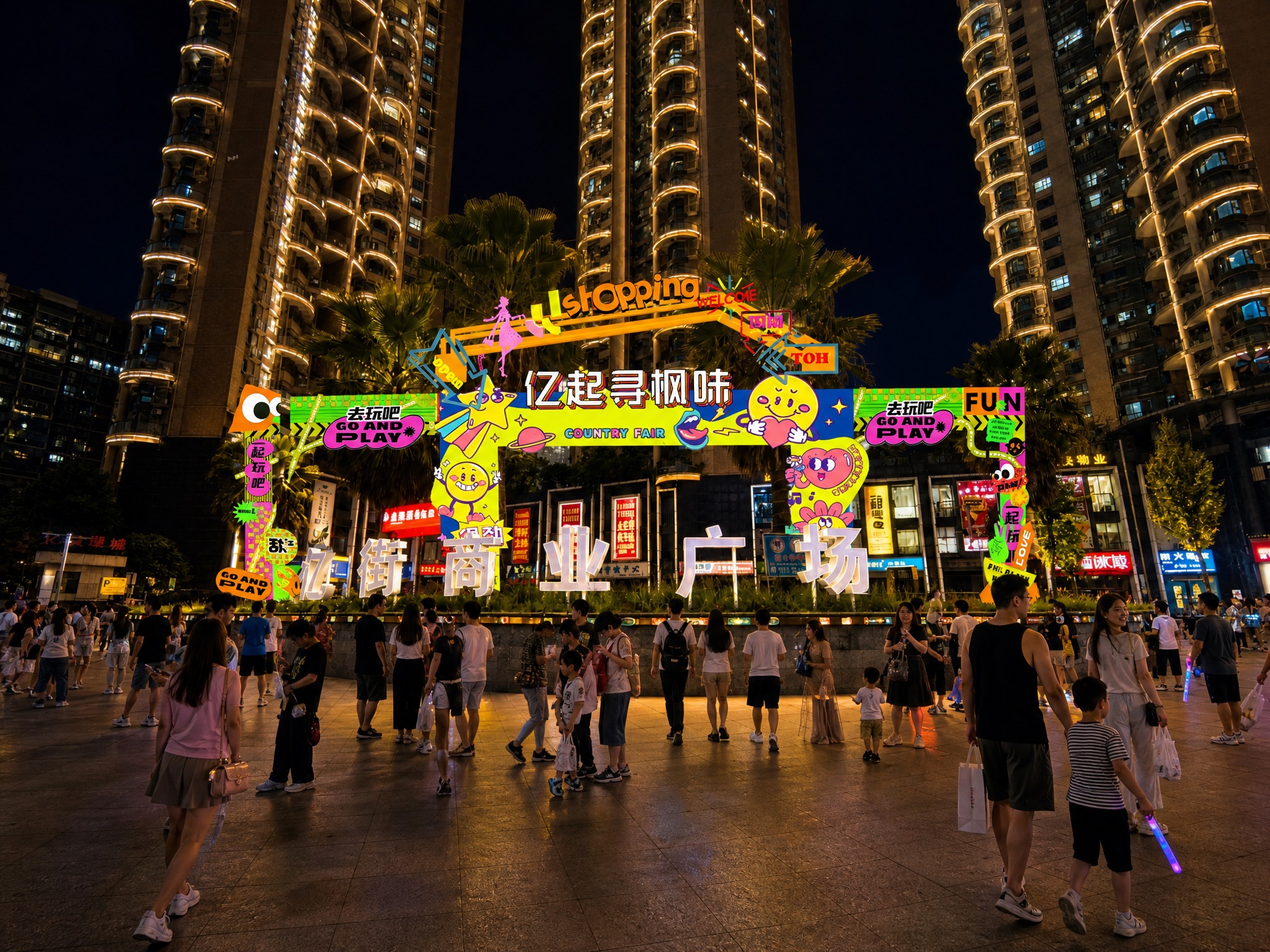 将这张商业广场照片改为夜景效果，前广场上增加中国购物休闲的游客… - 图片创意预览