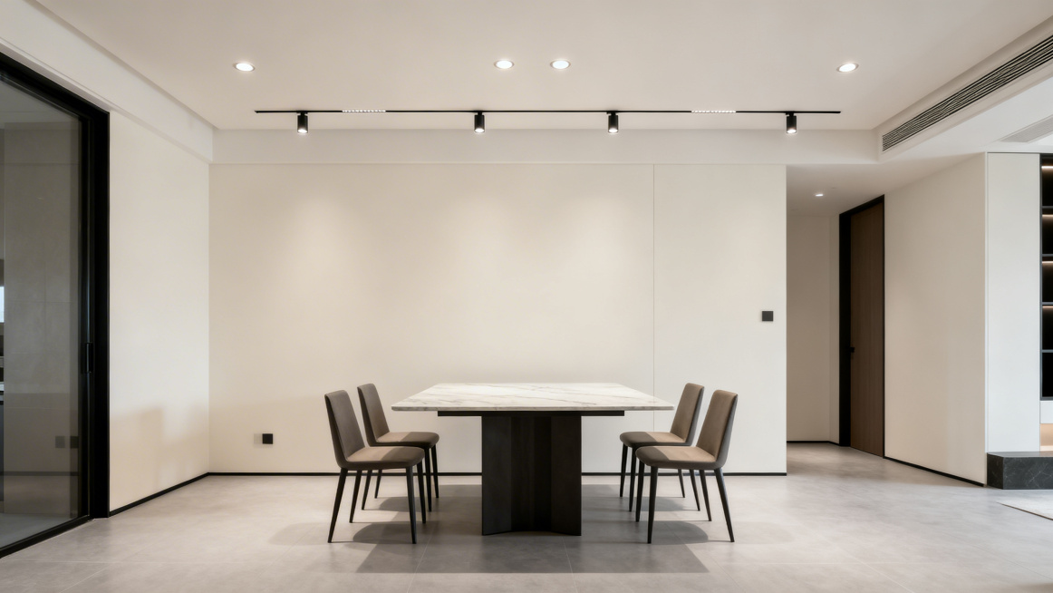 现代简约风格餐厅无主灯吊顶效果图，吊顶为平顶设计，布置嵌入式筒灯和短款磁吸轨道射灯，搭配简约岩板餐桌和餐椅，墙面为米白色，地面铺浅灰色地砖，整体简洁实用无复杂造型预览效果