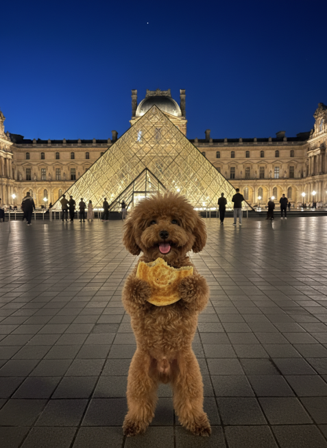 不经意间拍摄的，自然的光线，主角是图片中的这只狗。晚上，在巴黎卢浮宫前，抬起两只前爪拿着手抓饼。生成的图片中的狗尽可能和原图中的狗保持一致，这只狗可以表现得开心些，保证自然溶图的效果。预览效果