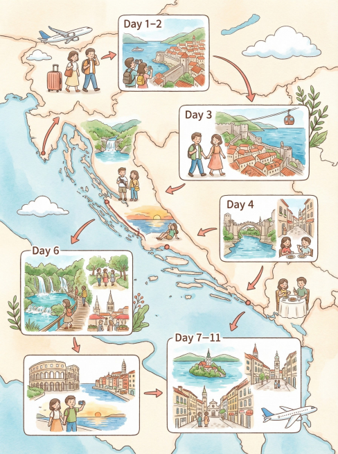 生成一幅手绘旅行行程信息插画风格的作品，竖版信息图排版，整体分为6个行程区块，以箭头串联时间顺序，清楚呈现巴尔干半岛多国旅行路线。整体风格偏日系旅行手账＋欧洲绘本插画，画面治愈、轻松、有故事感，背景可预览效果