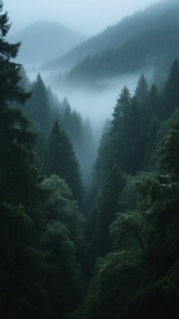 超写实摄影风格，深邃幽静的森林全景，多层次的墨绿色调与青灰色雾气交织，柔和的散射光穿透薄雾，照亮层层叠叠的茂密树冠与挺拔的松杉，远山在朦胧雾气中若隐若现，近景树木纹理清晰可见，湿润的枝叶泛着微光，整体营造出神秘、宁静而略带忧郁的自然氛围，垂直构图展现森林的深邃纵深感，细腻的光影过渡与丰富的植被层次，呈现出雨后清晨山林间特有的湿润清新质感。预览效果