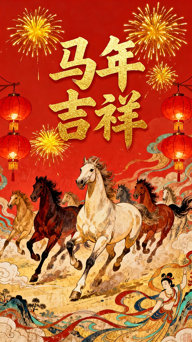 工笔风绘八骏奔腾，鎏金大字“马年吉祥”辉映红底，搭配水彩云纹与飞天舞袖，融国潮风、中式感与梦幻意境，喜庆祥瑞迎新春。