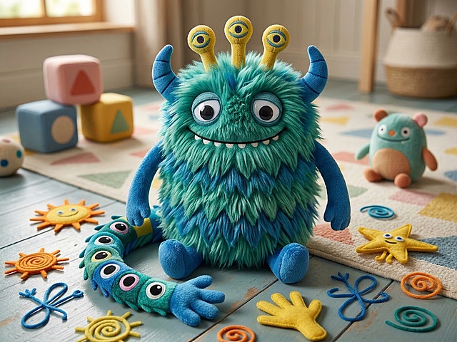 软3D风格的毛绒怪兽，融合毛发生长与面料质感，卡通造型萌趣十足，温馨童趣场景中洋溢可爱氛围。