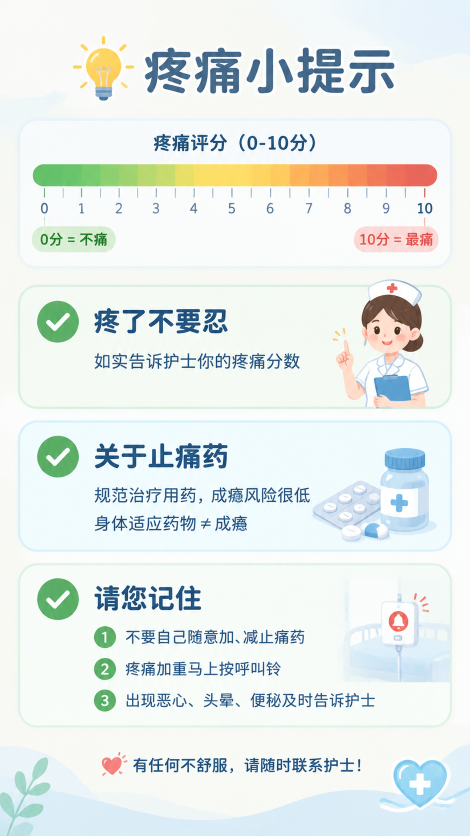 一张竖版医疗健康宣教海报，主题为疼痛小提示。整体底色为浅米色与… - 图片创意预览