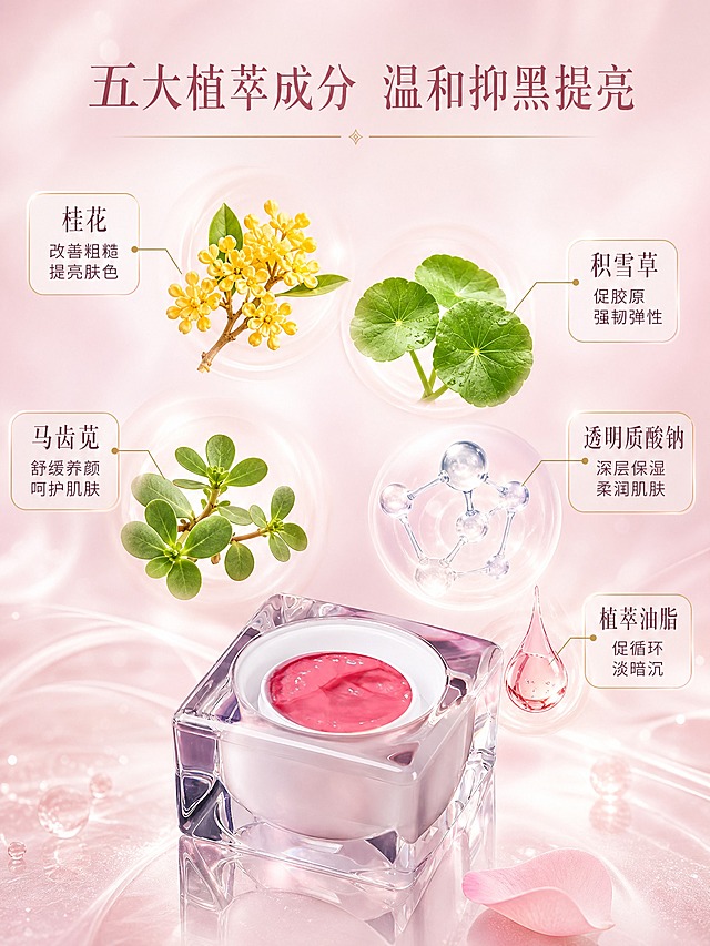 [主图-2] 核心成分解析，展示五大核心植萃成分与功效，强化天然安全的专业背书。
[统一基调] 高端精致粉金柔光风格，主色柔雾粉渐变+香槟金点缀，辅助色奶白与浅玫瑰金；主标题细衬线字体深玫瑰金色，辅助文案非衬线字体深灰粉色；整体光影柔和通透。
[画面] 画面底部中央放置透明水晶方瓶面霜罐作为产品锚点，占画面约25%。画面中上部环绕悬浮五种核心成分的真实原料可视化呈现：1) 金黄色桂花簇带细枝 2) 翠绿积雪草叶片 3) 马齿苋绿色植株 4) 透明质酸钠3D分子球（透明发光球体） 5) 粉色植物精油水滴。每种成分旁有细线引出的圆角小卡片标注成分名与对应功效。背景为柔雾粉渐变，有轻微的光斑散景，整体纯净自然。
[光影质感] 柔光箱均匀布光，成分原料有自然的通透感和体积感，3D分子球有发光内透效果，水晶瓶身有细腻折射，整体干净通透，商业摄影质感。
[配色] 主色柔雾粉+香槟金，成分保留天然本色（桂花黄、植萃绿、透明分子球），点缀金色细线与卡片边框。
[文字版式] 画面顶部主标题："五大植萃成分 温和抑黑提亮"，细衬线体深玫瑰金色；下方五个成分卡片对应："桂花 改善粗糙 提亮肤色""积雪草 促胶原 强韧弹性""马齿苋 舒缓养颜 呵护肌肤""透明质酸钠 深层保湿 柔润肌肤""植萃油脂 促循环 淡暗沉"，卡片为半透明白底+浅金边框，文字深灰粉色，字号适中。文字不遮挡产品主体。
[输出要求] 比例3:4，文字清晰，产品清晰，成分真实自然，无错字，无水印，无平台Logo。负向：成分变形 画面杂乱 产品模糊 医疗术语 夸张功效宣称
