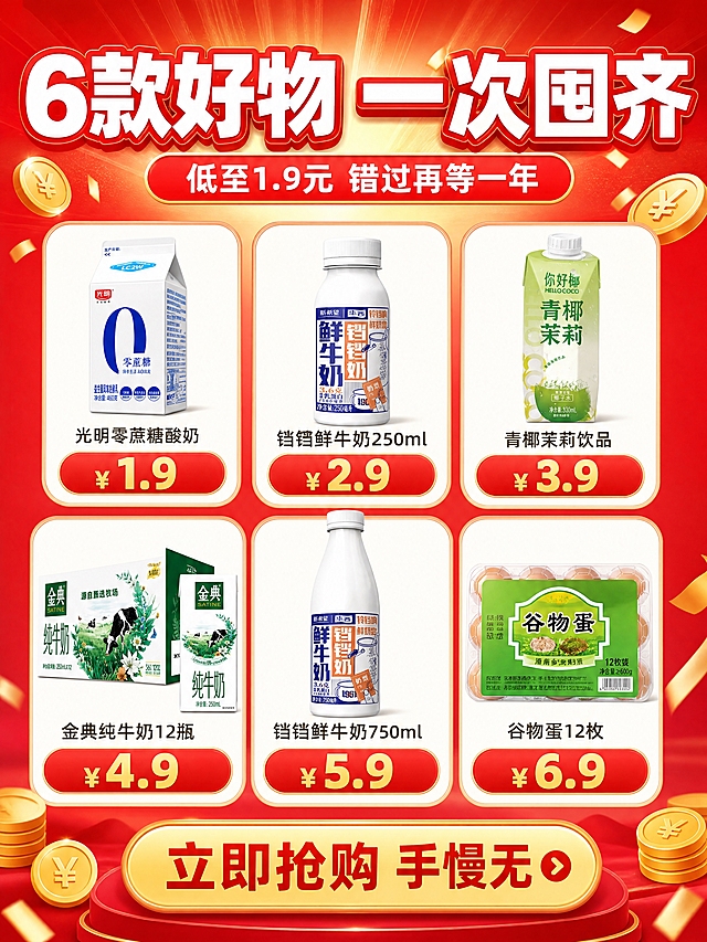 [商品] 使用【图2】光明零蔗糖酸奶、【图3】新希望铛铛奶250ml、【图4】你好椰青椰茉莉、【图5】伊利金典纯牛奶、【图6】新希望铛铛奶750ml、【图7】传奇乡岭谷物蛋；6款商品小图排列展示，保留各自包装特征。
[画面] 页面目标：收尾转化，6款商品价格总览+囤货号召，引导立即下单。构图：顶部号召大标题，中部6格商品价格矩阵，底部行动按钮。主体占比：商品价格矩阵占60%。景别：全景。阅读动线：从上到下，先看标题再看商品价格表最后看按钮。前中后景：前景红色渐变背景，中景商品价格卡片，背景金色光效+金币装饰。
[视觉] 套系策略：风格=红色喜庆大促风，与头图统一；标题字=粗黑超大体，白色字配红色描边；正文字=黑体常规；主色=大红色+橙红色；背景延展=红色渐变背景+放射光线+金色闪光装饰；强调色=金黄色，用于价格和按钮；标题色=白色；正文色=白色/深灰色；组件=圆角商品小卡片、价格标签、大按钮、金币装饰；光影=平面设计风格，明亮高饱和。
[文字] 顶部主标题："6款好物 一次囤齐"，副标题："低至1.9元 错过再等一年"。中部2行3列价格矩阵：第1行"光明零蔗糖酸奶 ¥1.9"、"铛铛鲜牛奶250ml ¥2.9"、"青椰茉莉饮品 ¥3.9"；第2行"金典纯牛奶12瓶 ¥4.9"、"铛铛鲜牛奶750ml ¥5.9"、"谷物蛋12枚 ¥6.9"。底部大按钮："立即抢购 手慢无"。文字全部横排，价格醒目。
[规格] 图片比例3:4竖版，4K分辨率，负向提示：避免商品变形、包装文字错乱、价格错误、冷色调、模糊、低质量、二维码