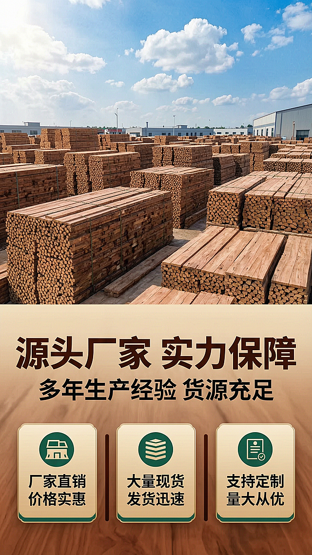[商品] 使用【图1】菠萝格防腐木工厂堆场图；保留木材堆叠、工厂堆场环境、蓝天白云；清理杂乱背景，突出规模感。
[画面] 目标：厂家实力展示，证明厂家直销优势。构图：上半部分大型原木/板材堆场全景（体现规模），下半部分文字信息+3个实力标签。阅读动线从上到下。前景产品，中景工厂堆场，后景天空与厂房。
[视觉] 套系策略：风格=拼多多建材大字报风格，接地气高性价比；标题字=粗黑宋体/黑体大字；正文字=清晰黑体；主色=深棕红（木材本色）；背景延展=基于木色做深浅层级、暖棕渐变、木纹质感背景；强调色=墨绿色（防腐/环保象征），仅用于小面积图标、标签、底纹；标题色=深棕色；正文色=深灰黑色；组件=圆角信息卡、粗线条分割、图标+文字卖点块；光影=自然光、暖调、清晰明亮。
[文字] 顶部主标题"源头厂家 实力保障"，副标题"多年生产经验 货源充足"。下方3个实力标签：1.厂家直销 价格实惠 2.大量现货 发货迅速 3.支持定制 量大从优。配工厂/货堆/证书图标。
[规格] 图片比例9:16竖版，4K分辨率，负向提示：避免变形、错字、文字过小、冷蓝色调、虚假承诺、极限词、水印、二维码。