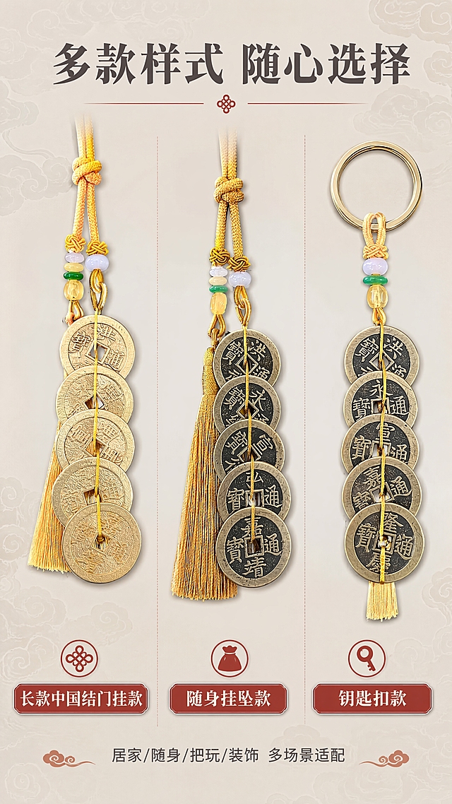 [商品] 使用【图1】三款黄铜钱币挂饰；保留各款钱币数量、绳结样式、配饰差异；优化三款并列展示的构图，突出款式区别。
[画面] 目标：丰富款式总览页，三款式矩阵展示；构图：三栏竖版并列，每栏一款式，主体占画面70%；景别：中景；阅读动线：从左至右依次浏览；前景每款下方配名称标签，中景三款挂饰，远景浅灰渐变新中式背景。
[视觉] 套系策略：风格=新中式高级商业摄影；标题字=宋体粗体（国风衬线）；正文字=简洁黑体；主色=暖金+朱红；背景延展=浅灰渐变+暗纹祥云，同色系深浅层级；强调色=朱红，仅用于小面积图标、引线和标签；标题色=深灰色；正文色=中灰色；组件=竖线分隔、圆角名称标签、款式图标；光影=顶部均匀暖柔光，突出金属质感。
[文字] 顶部主标题「多款样式 随心选择」，每款下方配名称：长款中国结门挂款｜随身挂坠款｜钥匙扣款；底部小字说明：居家/随身/把玩/装饰 多场景适配；文字区位于顶部和底部，不遮挡挂饰主体。
[规格] 抖音平台9:16竖版，4K分辨率，负向提示：避免变形、错字、文字过小、冷蓝背景、款式混淆、颜色失真。