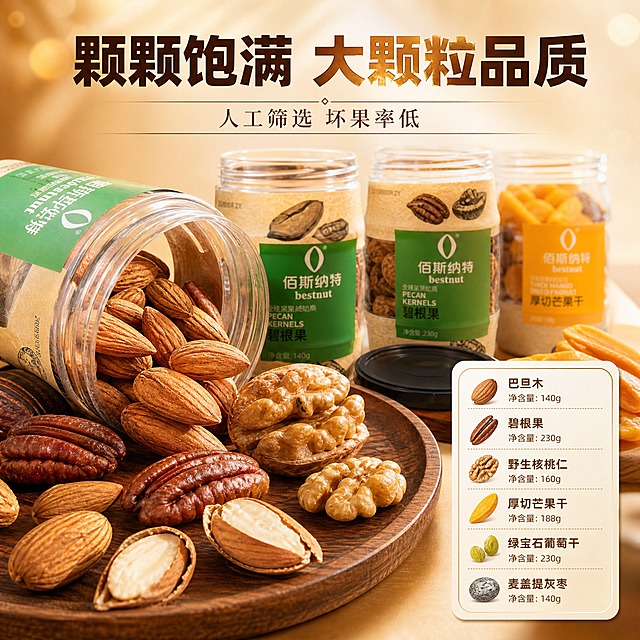 [主图-3] 细节与成分，主题为6罐坚果果干 大颗粒品质细节展示。
[统一基调] 整体风格高端精致有食欲感，背景主色为暖米色+浅金渐变，标题字色为深棕+烫金，辅助字色为咖啡色，强调色为正红，字体为厚重粗黑体+细宋体辅助，卡片样式为棕色细描边米白底。
[画面] 画面采用特写微距视角，前景展示打开的坚果罐，倒出的巴旦木、碧根果、核桃仁大颗粒散落在木质托盘上，果仁饱满有光泽，纹理清晰可见，旁边放着几颗完整的和半颗的对比，展示果肉厚度。中景错落摆放3罐打开的坚果罐（巴旦木、碧根果、芒果干），罐盖放在旁边。背景虚化，暖米色渐变，有柔和的光斑。画面右侧或下方用小图标形式列出6种产品名称和净含量。
[光影质感] 自然暖阳逆光质感，果仁表面有诱人的油光和高光，阴影柔和，微距细节清晰，颗粒感真实，整体暖色调，充满食欲感。
[配色] 暖米色背景+深棕文字+坚果本身的自然色泽，整体温暖有食欲。
[文字版式] 上方主标题"颗颗饱满 大颗粒品质"深棕色粗黑体，下方小字"人工筛选 坏果率低"咖啡色细宋体。右下角6种产品清单用图标+文字形式排列，清晰易读。文字放在负空间，不遮挡主体果仁。
[输出要求] 1:1正方形比例，2K分辨率，微距细节清晰，食欲感强，文字清晰。禁止变形、错字、模糊、杂乱、水印、平台Logo。