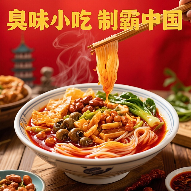 做一个螺蛳粉的海报，需要有一张实拍图，且具有视觉冲击性，以柳州螺蛳粉为主题，配色偏红色，字体要具有创意，运用关联的表现，结合臭味小吃制霸中国的热点