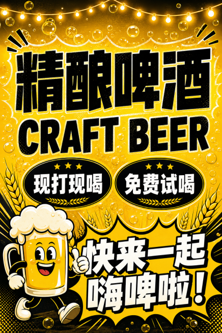参照参考图生成精酿啤酒宣传海报，内容文字保持不变，包含文字：精酿啤酒 CRAFT BEER 现打现喝 免费试喝 快来一起嗨啤啦！保留卡通啤酒杯图案和泡泡背景，黄黑配色风格，去除原图水印预览效果