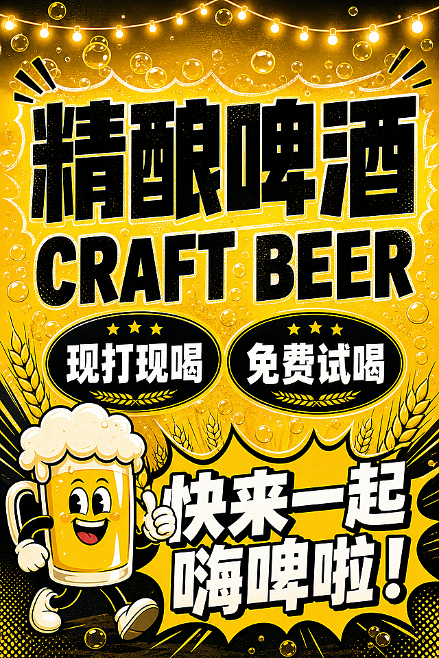 参照参考图生成精酿啤酒宣传海报，内容文字保持不变，包含文字：精酿啤酒 CRAFT BEER 现打现喝 免费试喝 快来一起嗨啤啦！保留卡通啤酒杯图案和泡泡背景，黄黑配色风格，去除原图水印