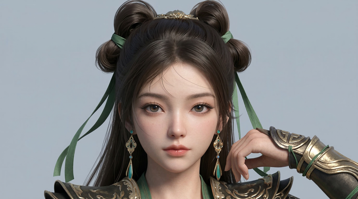 生成人物头部特写，人物正面斜看，参考图2的人物形象，游戏美女cg风格，纯色背景预览效果