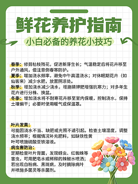 鲜花养护指南知识分享卡通风小红书配图