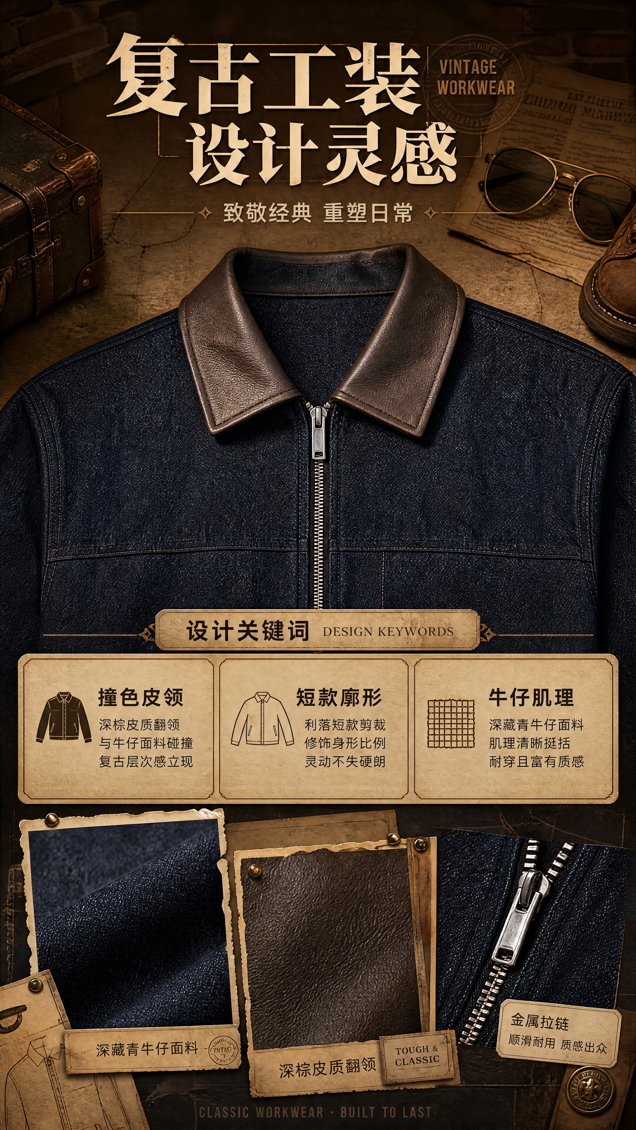 [商品] 使用【图1】深藏青牛仔面料+深棕色皮质翻领短款夹克；… - 图片创意预览