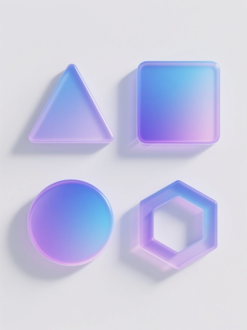 纯白背景上，四个具有相同立体3D风格的几何元素规整排布，每个元素都拥有光滑表面和从蓝色到淡紫色的渐变虹彩光泽，带有明显的高光和阴影以增强立体感，元素分别为：正三角形、正方形、圆形和五边形，整体形成协调统一的系列素材集合。预览效果