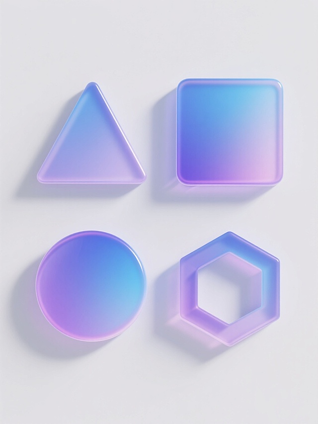 纯白背景上，四个具有相同立体3D风格的几何元素规整排布，每个元素都拥有光滑表面和从蓝色到淡紫色的渐变虹彩光泽，带有明显的高光和阴影以增强立体感，元素分别为：正三角形、正方形、圆形和五边形，整体形成协调统一的系列素材集合。