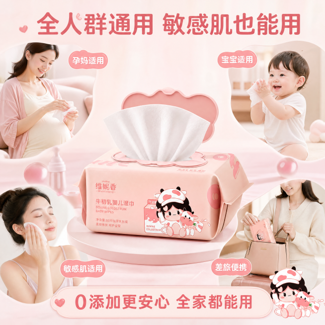 [主图-7]维妮香牛初乳湿巾人群适配展示。[氛围风格]柔和粉嫩可爱卡通风格，和参考图风格一致，亲切有代入感。[画质]商业摄影质感，光线柔和通透，产品清晰真实，画面干净高级。[元素]中心放置产品主体，四预览效果