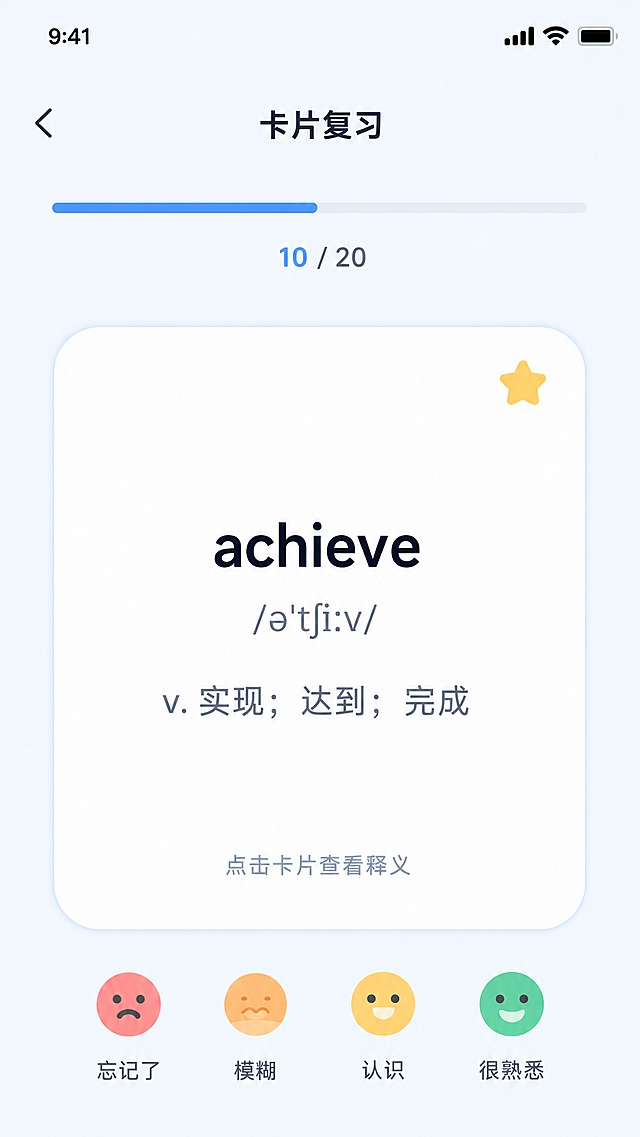 单独提取生成CapWords词趣贴纸APP的卡片复习页界面，保持原设计风格：清新简约、马卡龙浅奶蓝配色、圆角柔和轻治愈风，保留完整内容：进度条、单词achieve卡片、底部记忆程度选择按钮，生成单张手机竖屏卡片复习页