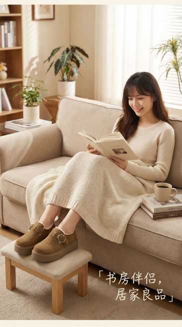 上脚场景 (室内)

构图： 女模特坐在舒适的布艺沙发或单人椅上，脚搭在小凳上，穿着勃肯鞋，腿上盖着毛毯，正在阅读。重点展示鞋子在“家”这个最核心场景中的舒适与融合。

文案： 「 书房伴侣，居家良品预览效果