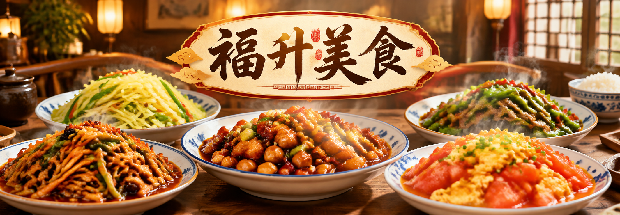 福升美食海报设计，写实摄影风格，家常小炒菜主题。画面展示一桌丰… - 图片创意预览