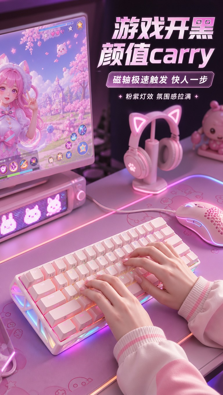 [商品] 使用【图1】【图10】粉色机械键盘；保留镂空骨架、粉… - 图片创意预览