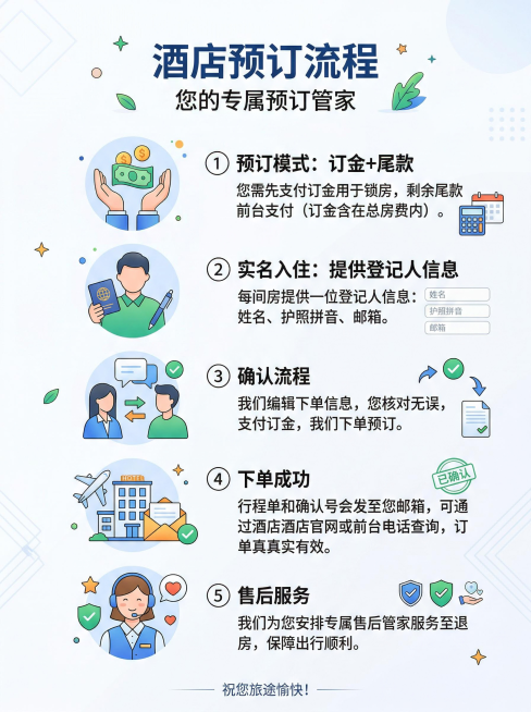 生成一张酒店预订流程图片，包含以下内容：1.预订模式：订金+尾款：您需先支付订金用于锁房，剩余尾款前台支付（订金含在总房费内）；2. 实名入住：每间房提供一位登记人信息：姓名、护照拼音、邮箱；3.确认预览效果