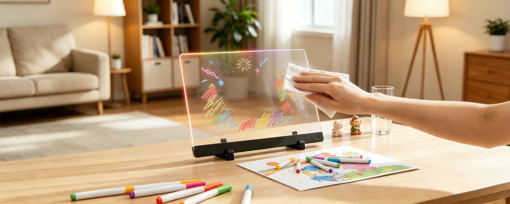 将图二中的整个画板替换成图一中被擦拭过的整个画板，保留图二的背景、手臂、桌面和周围物品，只修改画板区域预览效果