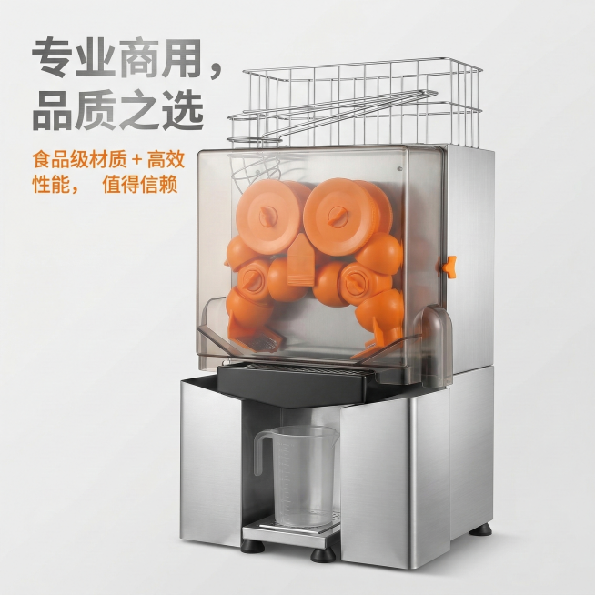1:1竖版电商主图，严格还原商用全自动橙汁机产品图，包括不锈钢机身的拉丝纹理、透明操作舱的高透质感、橙色部件的食品级材质、底部防滑脚垫等所有细节，产品外观与参考图完全一致，保持不锈钢高光质感、透明塑料预览效果