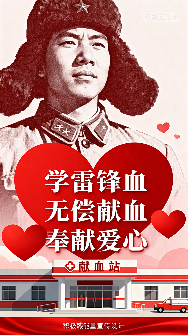 学雷锋鼓励无偿献血宣传海报，整体风格积极正能量，红色温馨配色，画面中心有醒目的文字"学雷锋 无偿献血 奉献爱心"，背景融入雷锋肖像和爱心、献血站元素，构图舒展干净，适合宣传使用