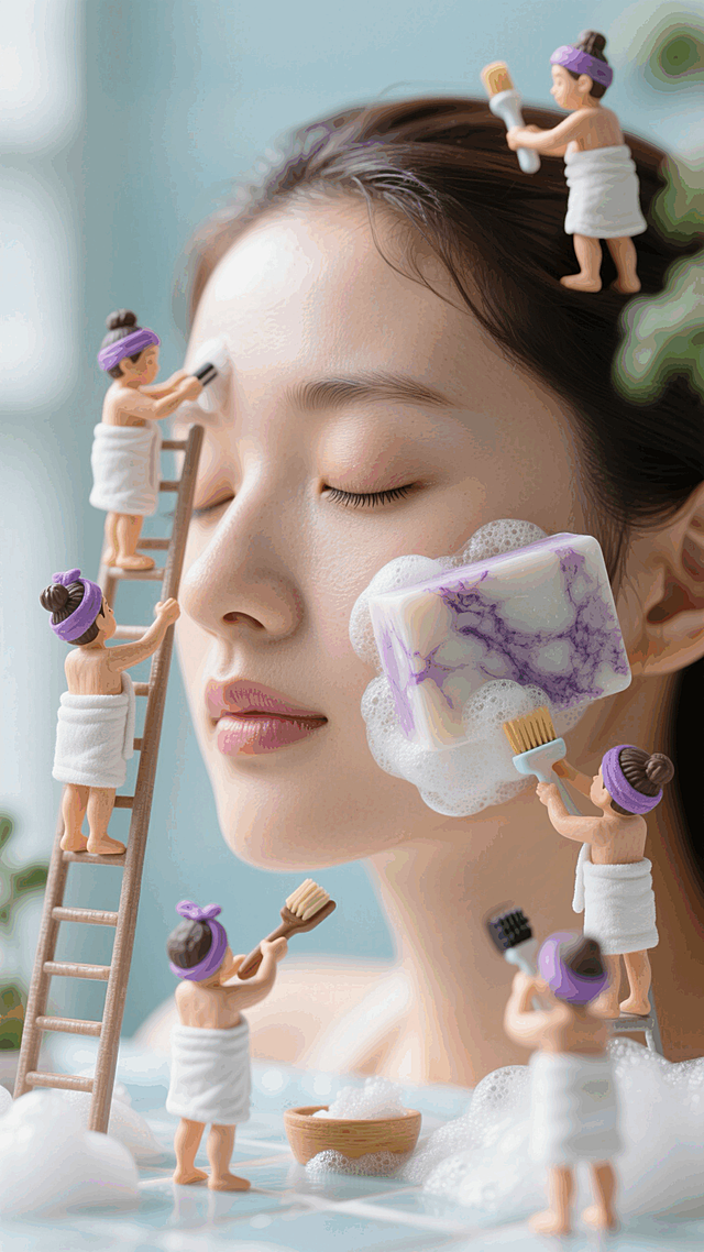 一位女性闭着眼睛享受清洁护肤，脸颊上放着一块紫色大理石纹手工肥皂，肥皂溢出丰富泡沫。几个穿着白色浴巾、戴紫色发带的迷你小人有的站在梯子上，有的用刷子认真清洁她的脸庞。