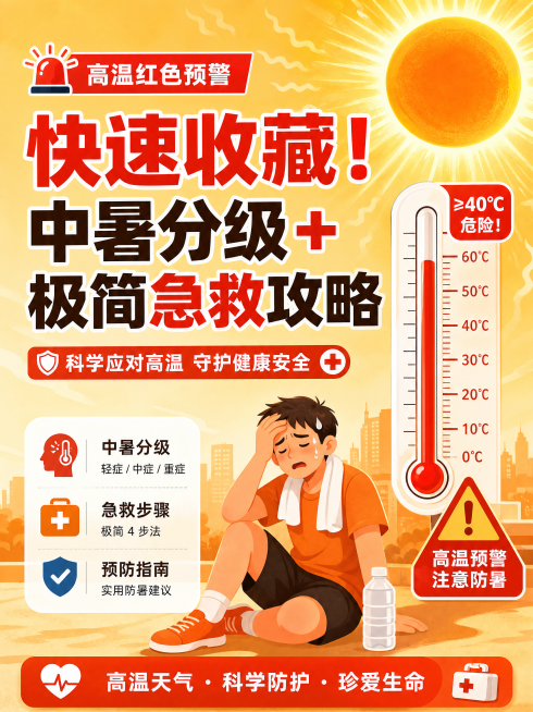 小红书笔记封面插画，标题文字"快速收藏！中暑分级+极简急救攻略"，健康科普风格，夏日高温红色预警主题，暖橙色炎热色调，清晰醒目排版，适合小红书封面预览效果