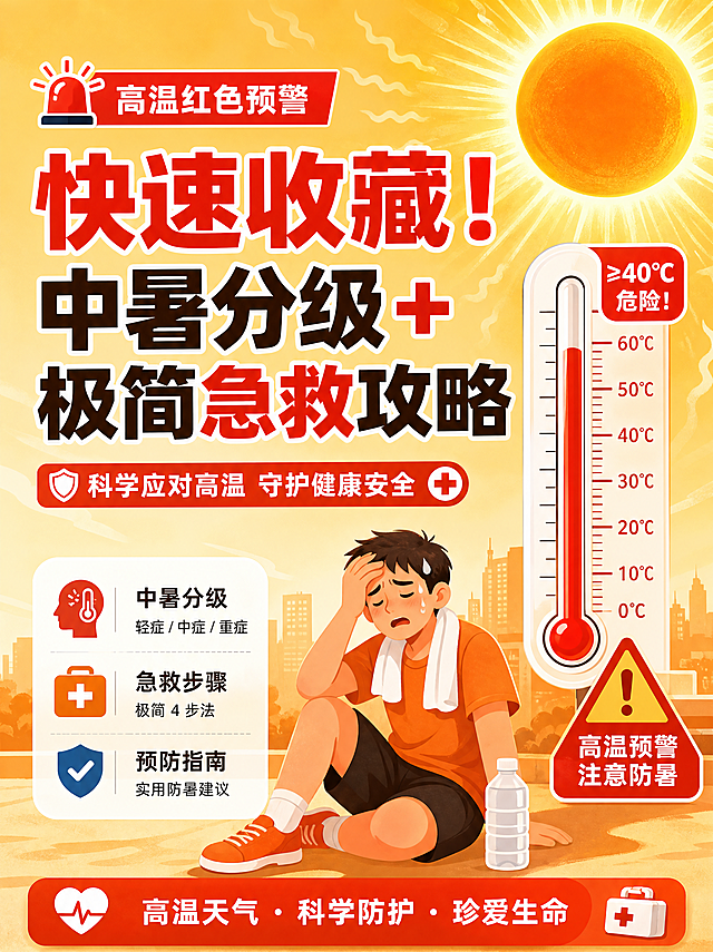 小红书笔记封面插画，标题文字"快速收藏！中暑分级+极简急救攻略"，健康科普风格，夏日高温红色预警主题，暖橙色炎热色调，清晰醒目排版，适合小红书封面