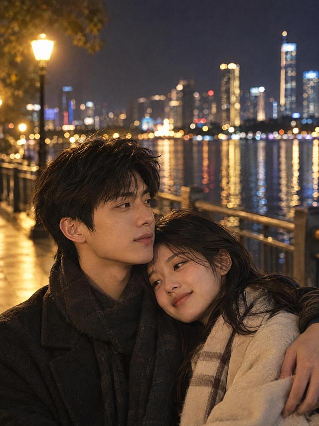 竖版3:4写实电影静帧：暖黄路灯下的近景，原创东亚青年情侣紧紧拥抱，女孩把脸轻靠在男孩肩头，人物只占画面中下部，背景是虚化的湖畔栏杆和城市灯光，安静、治愈、不过度煽情，写实电影胶片质感。画面中无文字、无水印、无标志、无logo、无字幕。超高清2K画质，细节丰富。