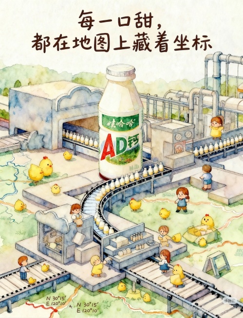 在图片左下角的地图区域，将隐藏的经纬度坐标文字清晰地显现出来，保留原图整体水彩风格、娃哈哈AD钙奶生产流水线、小黄鸡和人物元素，不改变其他内容预览效果