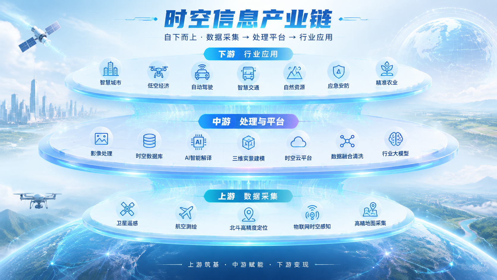 一张色调淡雅、具有科技感的品牌主视觉海报，主题为时空信息产业链… - 图片创意预览